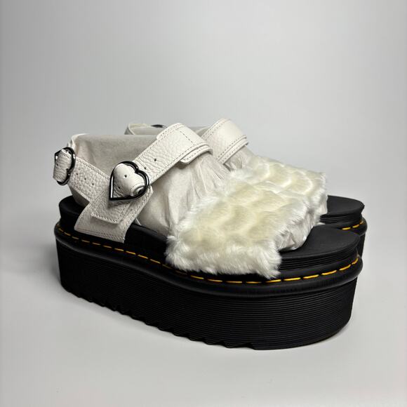 Dr. Martens Voss Heart Fluffy Faux Fur Platform Sandals in White Milled Nappa - Picture 6 of 10